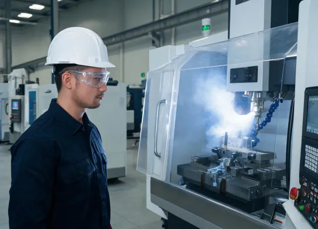 Manufacturing operator with head and eye protection