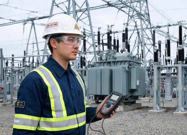 Electrical utility crew in eye and head protection