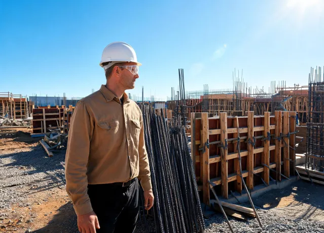 Construction worker wearing hard hat and safety glasses