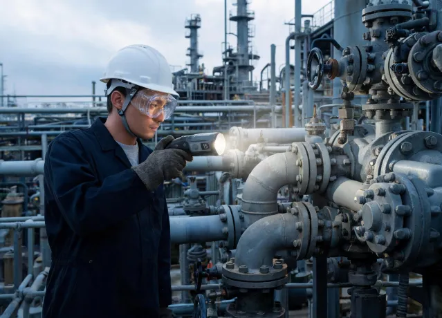 Oil and gas technician wearing goggles and hard hat