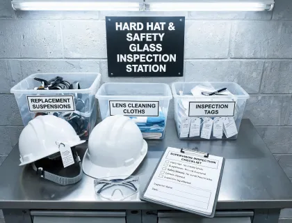 Hard hat and safety glasses inspection station